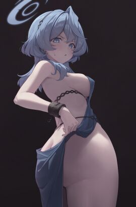 absurdres ako_(blue_archive) ako_(dress)_(blue_archive) ass backless_dress backless_outfit bare_shoulders black_background blue_archive blue_dress blue_hair blue_halo blush breasts butt_crack cowboy_shot dress female hair_between_eyes halo highres looking_at_viewer medium_hair no_bra no_panties official_alternate_costume open_mouth sideboob sideless_dress solo springrain_06 thighs