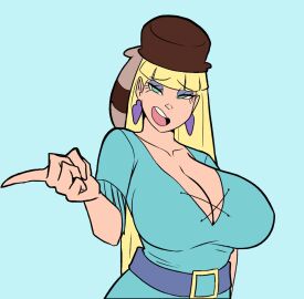 1girls 2d 2d_(artwork) aged_up bangs banjabu belt big_breasts blonde_female blonde_hair blue_shirt blunt_bangs breasts cleavage disney disney_channel disney_xd earrings edit edited female fur_hat gravity_falls green_eyes hat hi_res highres hourglass_figure large_breasts laughing light-skinned_female light_skin long_hair mocking open_mouth pacifica_northwest pointing shirt slim_waist smirk smirking sneer solo straight_hair tagme teasing