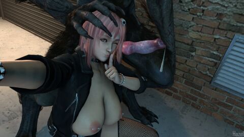 1boy 1monster 3d animal_genitalia bestiality breasts canine dead_or_alive female grabbing_penis hazel3dart honoka_(doa) large_breasts male nipple_piercing nipples one_eye_closed penis piercing pink_eyes pink_hair werewolf winking_at_viewer