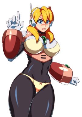 1girls alia black_bodysuit blonde_hair blue_eyes blush female g-string hand_up kotatuman_dash long_hair mega_man mega_man_x robot_girl white_background white_gloves