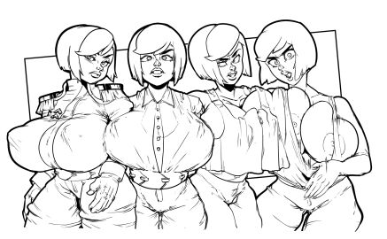 4girls big_breasts big_lips breast_press breasts button_down_shirt female frida_mofette hourglass_figure huge_breasts line_art looking_at_viewer military_uniform nipple_bulge pulling_clothing tank_top vaaan van_(artist) voluptuous wakfu