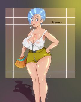 blue_eyes blue_hair breasts bulma_briefs cutoff_shorts dragon_ball dragon_ball_super dragon_ball_z dripping earrings exhausted fan female flushed green_shorts hoipoiart messy_hair nipples_visible_through_clothing pale_skin sweat sweatdrop sweating sweating_profusely sweaty_armpits sweaty_body sweaty_breasts sweaty_clothes sweaty_thighs tank_top thick_thighs very_sweaty wet_clothes white_shirt wrench