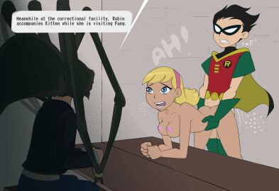 1girls 2boys arm_support ass bent_over bent_over_table blonde_hair blue_eyes breasts cartoon_network clenched_hands clothed_male_nude_female dc dc_comics defeated_villainess dick_grayson doggy_style english_text fang_(dc) fang_(teen_titans) female hairband humiliation kitten_(dc) kitten_(teen_titans) male male/female mity moaning nipples ntr prison robin_(dc) robin_(dick_grayson) sex skinny slim_waist spider straight tagme teen_titans teeth text thighs waist_grab