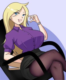 1girls big_breasts blonde_hair blue_eyes breasts female large_breasts light-skinned_female light_skin massive_breasts office_lady pantsudesu pantyhose sitting sitting_on_chair skirt solo solo_female