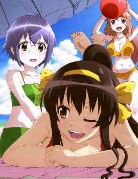 3girls :d ;d absurdres asahina_mikuru ball_(object) barefoot beach beach_umbrella beachball bikini blush breasts brown_eyes brown_hair cleavage cloud day feet female foreshortening glasses green_bikini hair_ribbon hairband highres imageboard_desourced large_breasts long_hair lying multiple_females multiple_girls nagato_yuki navel non-web_source official_alternate_hair_length official_alternate_hairstyle official_art on_stomach one_eye_closed open_mouth orange_bikini outdoors ponytail purple_hair ribbon short_hair sidelocks sitting sky small_breasts smile soles standing suzumiya_haruhi suzumiya_haruhi_no_yuuutsu swimsuit teeth the_pose umbrella