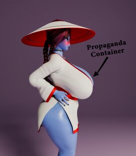 3d 3d_(artwork) alien_girl blender blender_(software) blue_skin blush boobs_bigger_than_head braid breasts chaoslord closed_eyes evil_container hat huge_ass huge_breasts meme oc side_profile sweat tagme taur text thick_thighs thighs voluptuous_female