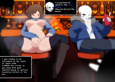 1boy 1girls 2d bottom_heavy bottomless bottomless_female casual casual_exposure casual_nudity chair english_text exhibition exhibitionism exposed exposed_pussy female female_frisk frisk human human_female humanoid imminent_masturbation male partially_clothed preparation presenting presenting_pussy public public_exposure public_nudity pussy sans sitting spread_legs spreading talking text thighhighs thighs undertale undertale_(series) zukafu_shimoto