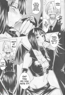 1boy 1girls bangs big_breasts blowjob breasts demon demon_girl doujinshi english_text fellatio female isao large_breasts male mature_female nico_robin older_female one_piece pre-timeskip sanji sex slim_waist vinsmoke_sanji wide_hips younger_male