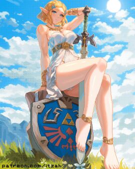 alluring bare_shoulders barefoot big_breasts blonde_hair blue_eyes blue_sky braid breasts cloud commentary crown_braid dress english_commentary female hair_ornament hairclip itzah jewelry master_sword necklace nintendo panties pantyshot parted_lips patreon_username pixel_art planted planted_sword planted_weapon pointy_ears princess_zelda short_hair sitting sky smile sun sword tears_of_the_kingdom the_legend_of_zelda the_legend_of_zelda:_tears_of_the_kingdom underwear weapon white_dress white_panties zelda_(tears_of_the_kingdom)