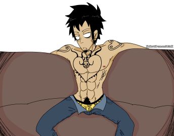 1boy body_hair dark_hair emo male male_only muscles muscles_through_clothes one_piece piercing_nipples piercings sitting sofa solo tagme tan_skin tattoo trafalgar_law