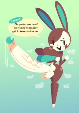 animal_crossing anthro balls belly big_breasts big_penis black_eyes black_nose blue_bra blue_clothing blue_glans blue_inner_ear blue_underwear bodily_fluids bottomless bra breasts brown_body brown_breasts brown_ears brown_fur brown_hair buckteeth carmen_(animal_crossing) clothed clothing english_text feet fur futanari genital_fluids genitals glans glistening glistening_breasts glistening_genitalia glistening_glans glistening_penis glistening_thighs hair hi_res huge_cock hyper hyper_genitalia hyper_penis intersex leporid long_penis looking_aside lottieplus mammal musk musk_clouds navel nintendo open_mouth open_smile penis precum rabbit simple_eyes smile solo sweat sweaty_breasts sweaty_legs sweaty_thighs tail teeth text topwear topwear_only underwear vein veiny_penis white_balls white_belly white_face white_feet white_hands white_penis white_tail