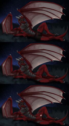 2018 absurd_res anthro athletic athletic_anthro athletic_male balls clothed clothing dragon erection facial_spikes flaccid foreskin genitals grass green_eyes grey_body hi_res horn humanoid_genitalia humanoid_penis i-psilone looking_at_viewer lying male male_anthro membrane_(anatomy) membranous_wings multiple_images mythological_creature mythological_scalie mythology night nude nude_anthro nude_male on_side outside penis plant red_body red_penis scalie solo spikes spikes_(anatomy) tail talyron topless topless_anthro topless_male underwear underwear_only vein veiny_penis wings