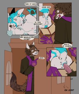 4_panel_comic anal anal_sex animal_genitalia animal_penis anthro anthro_on_anthro anthro_penetrated anthro_penetrating anthro_penetrating_anthro anus ass backsack balls ballsack blue_body blue_fur blue_penis breath canid canine canine_genitalia canine_penis canis comic confession_booth cosmostars dialogue duo english_text fur genitals good_boy grey_background hi_res knot knotted_penis licking licking_lips licking_own_lips male male/male male_penetrated male_penetrating male_penetrating_male mammal nipples nude nude_anthro nude_male penetration penile penile_penetration penis penis_in_ass priest priest_robes rear_view sex simple_background text tongue tongue_out white_body white_fur wolf