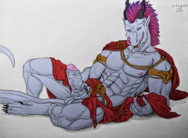 anthro balls bottomwear clothed clothing dragon foreskin genitals hi_res humanoid_genitalia humanoid_penis loincloth male male/male masturbation muddytiger muscular mythological_creature mythological_scalie mythology ostarn penis pinup pose rangstrom scalie solo tongue uncircumcised undressing