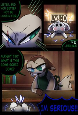 absurd_res apron apron_only blind_eye cappucinno_(halfpricesouls) clothing comic dialogue eye_scar facial_scar fan_character green_eyes halfpricesouls hi_res interspecies male nintendo pokemon pokemon_(species) pokephilia scar scared