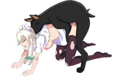 1girls braided_hair breasts breasts_out closed_eyes doggy_style domestic_dog female feral_on_female from_side hyera interspecies large_breasts maid maid_headdress nipples on_all_fours sakuya_izayoi source_request stockings torn_clothes torn_legwear touhou zoophilia