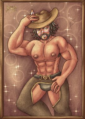 bara black_hair chaps cowboy_hat dark_skin identity_v kevin_ayuso male male_only muscular muscular_male tan_body tan_skin yunartsn