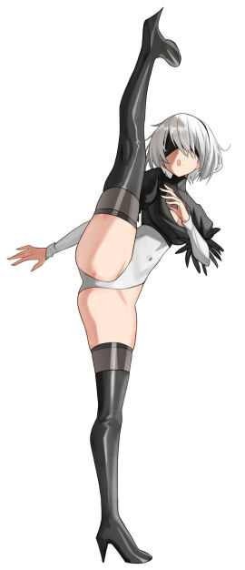 1girls 2d 2d_(artwork) beauty_mark big_breasts black_crop_top black_footwear black_high_heels black_topwear blindfold breasts cleavage_cutout color crop_top dot_nose female female_only flexible footwear full_body high_heel_boots high_heels highleg_leotard highres kicking kiritzugu kneepits leg_up leotard light-skinned_female light_skin mole_(marking) mole_under_mouth navel nier:_automata nier_(series) open_mouth parted_lips short_hair simple_background sleeves solo standing standing_split stockings straight_leg thick_thighs thigh_boots topwear white_background white_eyebrows white_hair yorha_2b