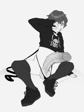 1boy androgynous degeneratepai femboy large_penis looking_at_viewer monochrome trap