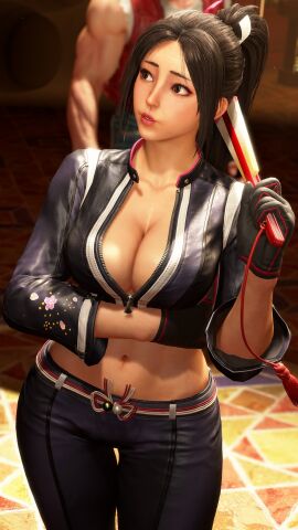 3d asian asian_female belly_button big_breasts biker_clothes biker_girl biker_gloves biker_jacket breasts brown_hair cleavage crossed_arms fatal_fury fatal_fury:_city_of_the_wolves female gameplay gameplay_screenshot gloves ingame_model jacket leather leather_clothing leather_jacket leather_pants long_hair long_sleeves mai_shiranui mai_shiranui_(city_of_the_wolves) official_alternate_costume open_jacket sf_screenshot slim_waist street_fighter street_fighter_6 tagme thick_thighs top video_game video_game_character video_games wide_hips