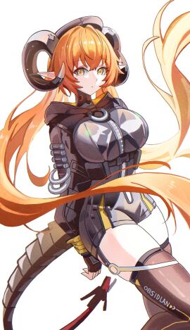 enormous_breasts horns huge_breasts orpheus_(zenless_zone_zero) stockings tail uniform wide_hips zenless_zone_zero