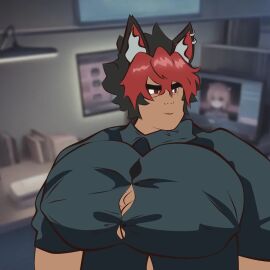animated animation big_breasts big_pecs black_hair grumpy komano_manato ninetyhex pecs red_eyes red_hair tagme video wolf_ears