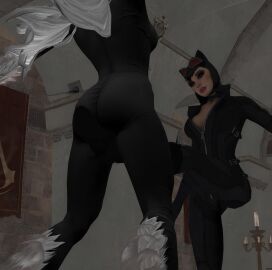 2girls 3d alstair2 batman:_arkham_city batman_(series) black_cat_(marvel) black_cat_(marvel_heroes) catwoman catwoman_(arkham) catwoman_(arkham_city) cooch crossover crotch cuntbusting dc dc_comics felicia_hardy female female_only human human_only lowblow marvel marvel_comics marvel_heroes no_bra selina_kyle spider-man_(series) unzipped unzipped_bodysuit