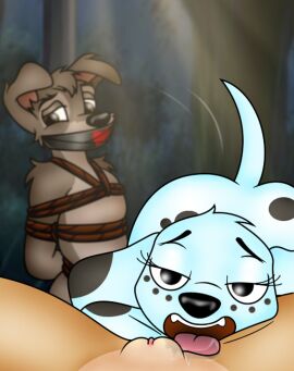 101_dalmatian_street 101_dalmatians 2024 angel_(lady_and_the_tramp) anthro anthro_on_anthro ass black_nose black_spots bondage bound canid canine canis crossover cucked_by_lesbian cuckold cunnilingus dalmatian disney dolly_(101_dalmatians) domestic_dog fangs female female/female folwilliar fur gag gagged genitals grey_body grey_fur group lady_and_the_tramp male mammal markings mixed_breed ntr nude nude_anthro nude_female nude_male open_mouth open_smile oral pomeranian pussy restraints rope rope_bondage scamp_(lady_and_the_tramp) sex smile spitz spots spotted_body spotted_fur story story_in_description tail tan_body tan_fur teeth tongue tongue_out trio vaginal_penetration white_body white_fur