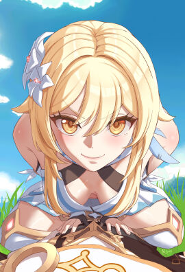 1boy 1girls absurd_res aether_(genshin_impact) blonde_hair blush breasts brother_and_sister cleavage clothed clothing cowgirl_position downblouse eyebrows_visible_through_hair female female_focus female_on_top flower flower_in_hair genshin_impact good_morning_my_brother_(meme) grass highres hoyoverse incest light-skinned_female light_skin looking_at_viewer luizhtx lumine_(genshin_impact) male male_pov medium_breasts meme mihoyo outdoors pale-skinned_female pale_skin parody pov pov_eye_contact pov_male short_hair smile smiling_at_viewer straight suou_yuki tokidoki_bosotto_russian_de_dereru_tonari_no_alya-san twincest twins yellow_eyes