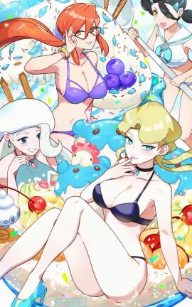 4girls age_difference big_breasts bikini black_hair blue_eyes breasts candice_(pokemon) cleavage curvy_figure female finger_in_mouth game_freak glacia_(pokemon) glasses gym_leader hair_ornament holding_object hsin light-skinned_female light_skin looking_at_viewer lorelei_(pokemon) mature_female melony_(pokemon) milf multiple_females multiple_girls nintendo pokemon pokemon_(game) pokemon_dppt pokemon_rse pokemon_ss red_hair small_breasts swimsuit thick_thighs thighs twintails white_hair yellow_eyes younger_female