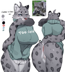 2025 absurd_res anthro anus big_breasts biped blue_eyes blush bottomless bottomless_anthro bottomless_female breasts buta99 clothed clothed_anthro clothed_female clothing digital_drawing_(artwork) digital_media_(artwork) felid feline female front_view fur genitals grey_body grey_fur grey_spots grey_tail hi_res inner_ear_fluff mammal markings pantherine partially_clothed partially_clothed_anthro partially_clothed_female rear_view snow_leopard solo spots spotted_body spotted_fur spotted_markings spotted_tail tail tail_markings teeth topwear topwear_only tuft vulva
