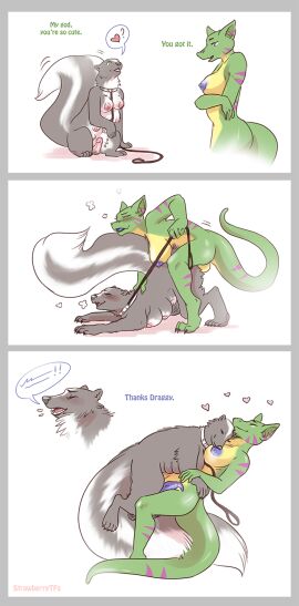 2019 6_breasts 6_nipples after_sex after_transformation anthro anthro_on_feral areola ass big_breasts biped black_body black_fur black_nose blue_areola blue_insides blue_mouth blue_nipples blue_penis blue_tongue blush border breasts breath busty_feral collar colored countershade_neck countershade_torso countershading cuddling dialogue duo english_text erection feral fur futanari genitals green_body grey_border heart_symbol herm herm/herm hi_res ian_(secretskunk) intersex intersex/intersex leash leash_pull leashed_collar lizard looking_pleasured lying mammal markings mephitid motion_lines multi_breast multi_nipple nipples non-mammal_breasts non-mammal_nipples nude open_mouth penis petplay pictographics post-transformation prehensile_tail purple_markings quadruped reptile roleplay scalie sex shaded side_view simple_background sitting sitting_on_ground skunk smile speech_bubble spread_legs spreading standing strawberrytfs tail tail_motion text tongue transformation transformation_sequence unusual_anatomy unusual_internal_anatomy white_background white_body white_countershading white_fur white_markings yellow_body yellow_countershading zoophilia