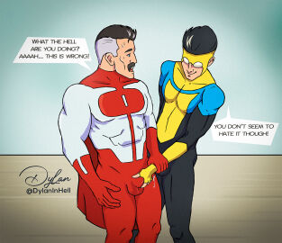 2boys bara blue_eyes bulge cum cum_through_clothes cum_through_clothing dad dad_and_son daddy dilf dylaninhell father father_and_son gay grabbing_bulge hand_on_bulge hand_on_penis incest invincible invincible_(tv_series) male mark_grayson mask masked masked_male moustache muscular muscular_male nolan_grayson older_male older_male_and_younger_male omni-man penis precum squeezing squeezing_bulge squeezing_penis superhero superhero_costume yaoi