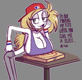 1girls ashley_(honeymapache) blonde_hair breasts cleavage clothed convenient_breasts female freckles freckles_on_breasts hat headwear honeymapache huge_breasts pizza skinny slender_body small_ass solo_female stickman talking_to_viewer tank_top text top_heavy