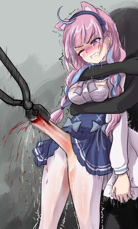 1girls animal_ear_hairband animal_ears aqua_hair bleeding_from_pussy blue_skirt blush bowtie braid braided_hair breasts colored_inner_hair curly_hair destroyed_pussy dragging dragging_pussy female guro headband headband_ears hololive hololive_gen_2 hololive_japan light-skinned_female long_hair minato_aqua minato_aqua_(3rd_costume) multicolored_hair multiple_males nipples nipples_visible_through_clothing object_insertion object_on_pussy pain painful peeing pink_hair pliers purple_eyes pussy pussy_destruction pussy_stretch pussy_visible_through_clothes ray_(pixiv30112908) scared skin_stretch vaginal_insertion virtual_youtuber white_jacket white_stockings