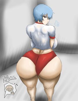1boy 1girls anon ass big_ass big_breasts blue_hair breasts crossed_arms dialogue female hand_up hips hips_wider_than_shoulders limpbizkit male minishorts neon_genesis_evangelion red_eyes red_shorts rei_ayanami serious thick_ass thick_thighs
