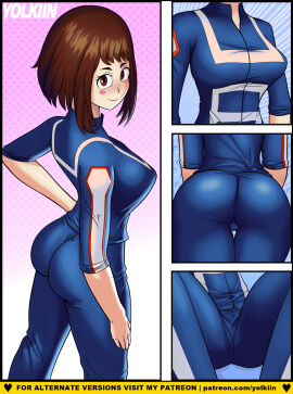 ass_focus breast_focus busty_female looking_back my_hero_academia nice_ass ochako_uraraka pussy_focus school_uniform smile smiling thick_thighs yolkiin