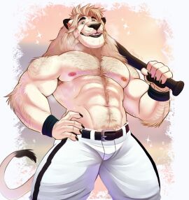 2025 abs absurd_res anthro areola arm_hair armpit_hair bara baseball_(sport) baseball_bat bat_(object) belt biceps big_muscles bodily_fluids body_hair bottomwear chest_hair claws clothed clothing eyebrows facial_hair felid fur hand_on_hip happy_trail hi_res holding_object leo_(saitama_seibu_lions) lion looking_at_viewer male male_only mammal mane mascot masculine_male muscles muscular muscular_anthro muscular_male navel nipples nippon_professional_baseball obliques one_eye_closed pantherine pants pecs pubes saitama_seibu_lions simple_background smile solo sparkles sport standing stubble sweat thediyemi thick_arms thick_thighs topless topless_anthro topless_male tuft whiskers wink wristband yaoi