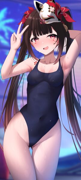 1girls 2d 2d_(artwork) alternate_costume arm_behind_head blue_swimsuit breasts brown_hair day female female_focus female_only fox_mask front_view high_resolution highres honkai:_star_rail honkai_(series) light-skinned_female light_skin long_hair long_pigtails looking_at_viewer mask mask_on_head one_piece_swimsuit open_mouth outdoors petite petite_body petite_female pink_eyes slim_female small_breasts smiling smiling_at_viewer solo solo_female solo_focus sparkle_(honkai:_star_rail) standing summer tetolisto twintails wet wet_body young younger_female