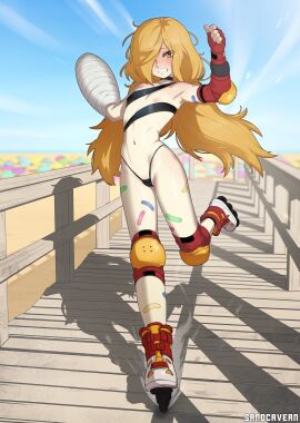 1girls bandaged_arm bandages beach bikini bikini_bottom binbougami_ga! blonde_hair breasts choker elbow_pads falling female flat_chest hair_over_one_eye kneepads long_hair momiji_(binbougami_ga!) nipple_slip nipples public public_nudity roller_skates sand sandcavern small_breasts solo_focus swimsuit twintails wardrobe_malfunction