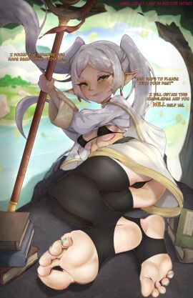 ass barefoot blush bra breasts camel_toe cameltoe feet female foot_fetish foot_focus frieren greek_toe green_eyes green_nails green_toenails legwear looking_at_viewer nail_polish painted_nails painted_toenails panties pussy silver_hair small_breasts soles solo_female sousou_no_frieren stirrup_legwear teasing text toes ueharam underwear white_clothing