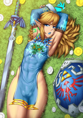 1boy 5_fingers absurd_res arms_up biped blonde_hair blue_clothing blue_eyes blue_lipstick bulge bulge_through_clothing clothed clothing elf_ears embercool eyebrow_through_hair eyebrows femboy fingers flower girly grass hair hi_res humanoid humanoid_pointy_ears hylian hylian_shield link lipstick lying lying_on_back male male_only master_sword melee_weapon nintendo on_back otoko_no_ko plant pointy_ears rauru's_arm shield solo sword tears_of_the_kingdom the_legend_of_zelda translucent translucent_hair trap weapon