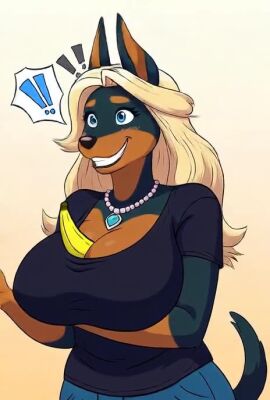 ai_generated anthro anthro_focus blonde_hair blue_eyes canid canine cleavage doberman furry furry_female furry_focus furry_only large_breasts mature_female sound_warning tagme video