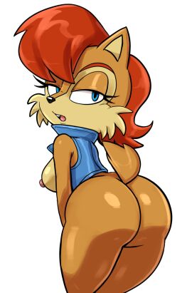 anthro archie_comics ass ass_focus big_ass big_butt black_nose blue_clothing blue_eyes blue_jacket blue_topwear bottomless breasts brown_body brown_ears brown_fur brown_tail cheek_tuft chipmunk clothed clothing countershading eyebrows eyelashes facial_tuft female fur glistening glistening_nose ground_squirrel hi_res jacket looking_at_viewer looking_back looking_back_at_viewer mammal narrowed_eyes nipples open_clothing open_jacket open_topwear pink_nipples pink_tongue pupils rear_view red_eyebrows red_hair rodent sally_acorn sciurid sega short_hair short_tail simple_background solo sonic_(series) sonic_the_hedgehog_(archie) sonic_the_hedgehog_(comics) sonic_the_hedgehog_(series) squirrel tail tan_body tan_countershading tan_fur tan_inner_ear teeth teeth_showing thick_thighs tongue topwear tuft white_background zahoggu