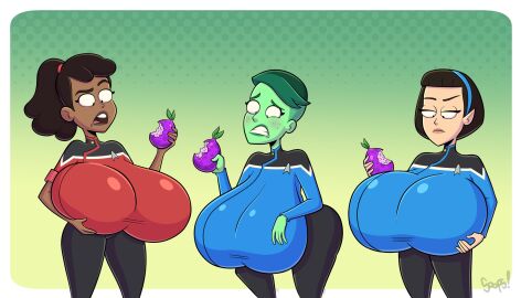 3girls beckett_mariner big_breasts breast_expansion breasts d'vana_tendi dark-skinned_female dustindemon female giant_breasts green_skin huge_breasts hyper_breasts light-skinned_female orion_(species) sharp_ears sooper_stuff star_trek star_trek_lower_decks t'lyn vulcan_(species)