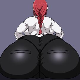 1girls ass ass_body ass_focus back_view big_ass big_breasts bottom_heavy braid braided_hair braided_ponytail breasts chainsaw_man clothed facing_away female female_only grey_background hand_on_hip huge_ass huge_breasts inakotho large_ass large_breasts long_sleeves makima_(chainsaw_man) panties_visible_through_clothing pants pantylines ponytail pussy pussy_visible_through_clothes rear_view red_hair shirt sitting solo thick_ass tied_hair