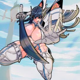 big_breasts jumping junketsu kill_la_kill kiryuuin_satsuki long_hair looking_at_viewer master_dcj mdcj77 muscular muscular_female open_topwear skin_tight sword thick_thighs