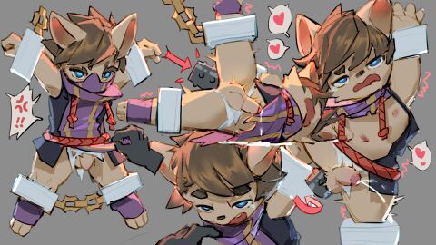 16:9 2025 3_toes 4_fingers absurd_res anal anal_sex angry anthro arms_tied blue_eyes bodily_fluids bottomless bottomless_male bound brown_hair chinese_description clothed clothing cum cum_while_penetrated destroyed_clothing dildo dildo_in_ass dildo_insertion ejaculation erection feet ff_glu fingers fist flaccid floating_hands gay genital_fluids genitals grey_background hair hands-free hi_res humanoid_genitalia humanoid_penis kennen_(lol) league_of_legends legs_tied male male_focus navel nipples object_in_ass open_mouth penetration penis riot_games sex_toy sex_toy_in_ass sex_toy_insertion shackled shaking simple_background solo spread_legs spreading tears tencent toes trembling widescreen yordle