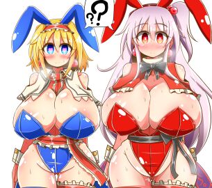 2girls ? alice_margatroid blonde_hair blue_bunnysuit blue_eyes breasts breasts_bigger_than_head bunny_ears bunny_girl bunnysuit earrings female hairband heart-shaped_pupils huge_breasts hypnosis hypnotic_accessory mind_control mother_and_daughter red_bunnysuit red_eyes red_hairband rindou_(p41neko) shinki shinki_(touhou) silver_hair touhou touhou_(pc-98)