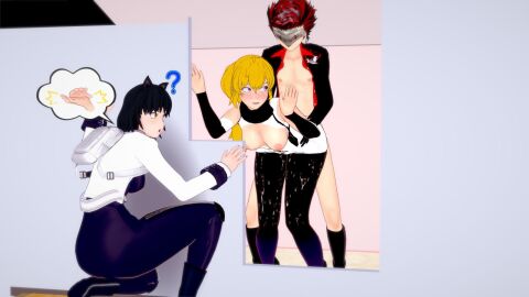 adam_taurus behind_door black-haired_female black_hair blake_belladonna blonde_female blonde_hair cheating cheating_girlfriend cheating_with_enemy cheer_snuffer dominant_male domination faunus female from_behind from_behind_position male netorare ntr red-haired_male red_hair rwby submissive_female submissive_human villain_on_hero villain_win yang_xiao_long
